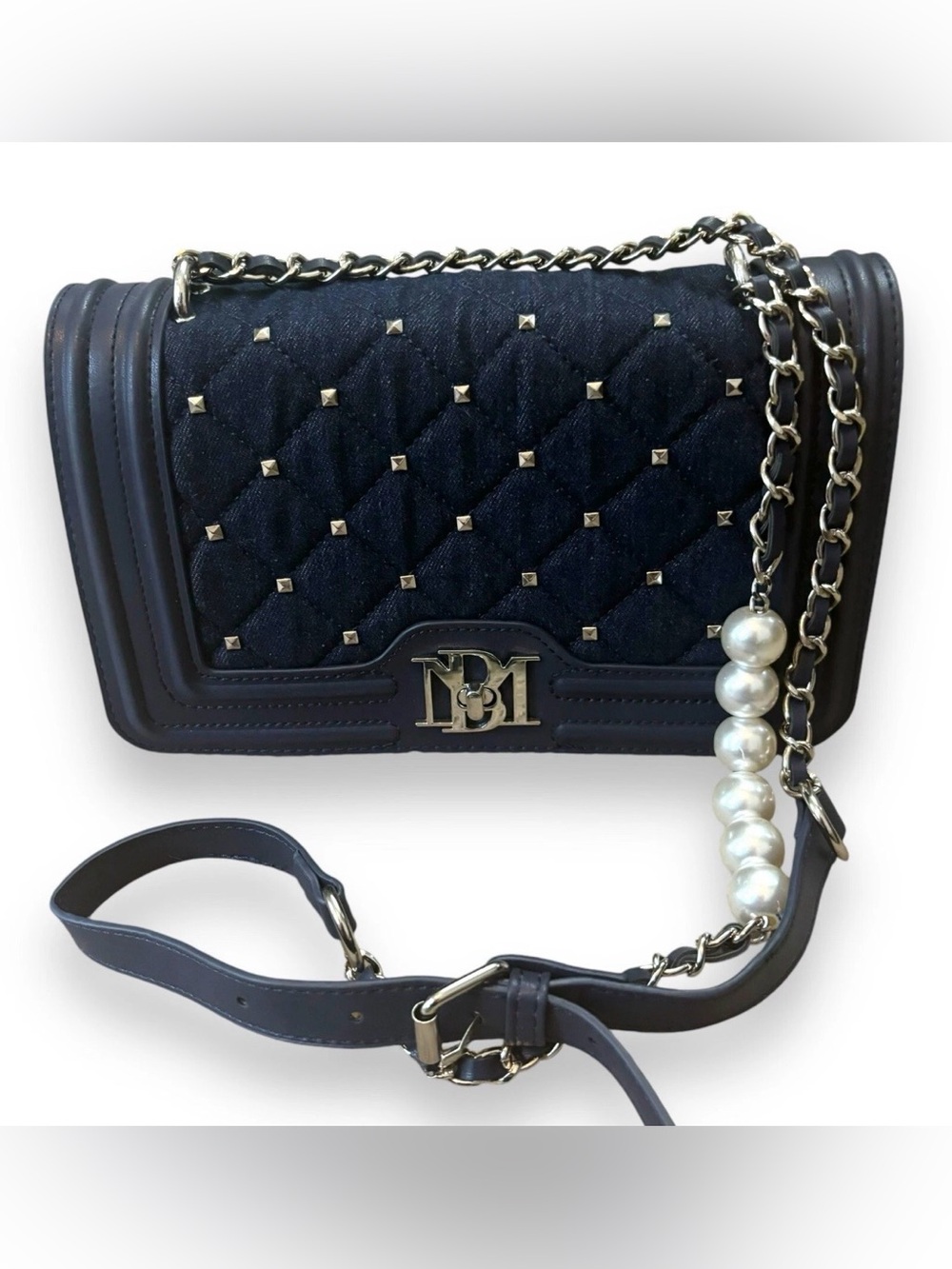 NEW! Badgley Mischka Blue Denim Diamond Quilted Faux Pearl Crossbody